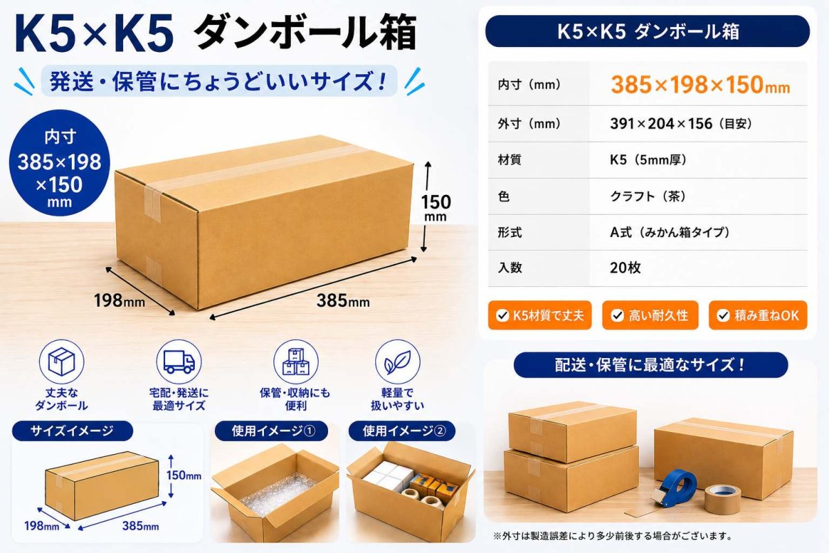 画像1: K5×K5 ダンボール箱 内寸385×198×150mm 20枚セット 日本製 段ボール 梱包箱 発送箱 (1)