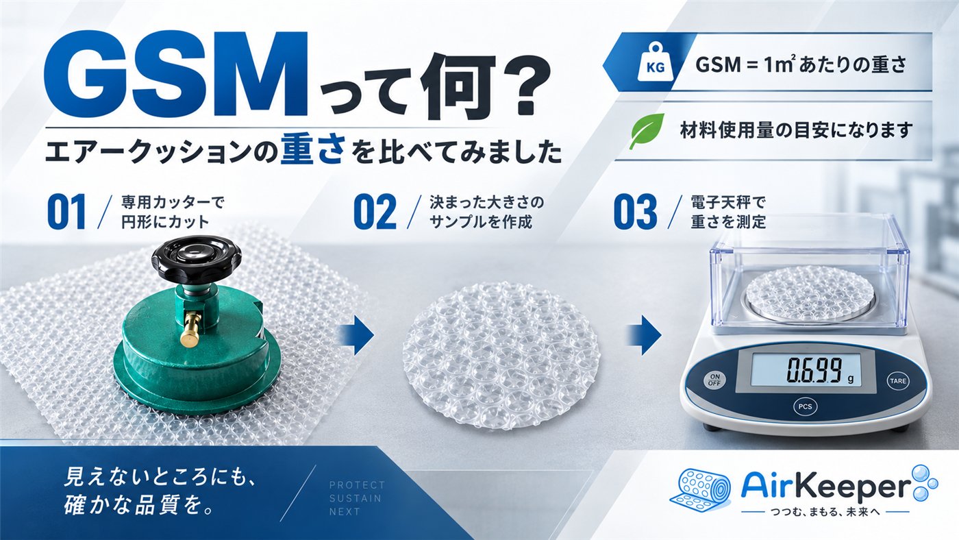 GSMの概要。気泡緩衝材を同じ面積に切り、電子天秤で重さを測る流れ